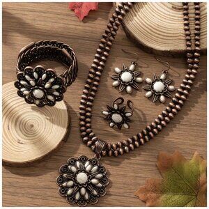 Three-Layer Sunflower Bohemian Jewelry Set White Turquoise & Red Copper 4-pc Set